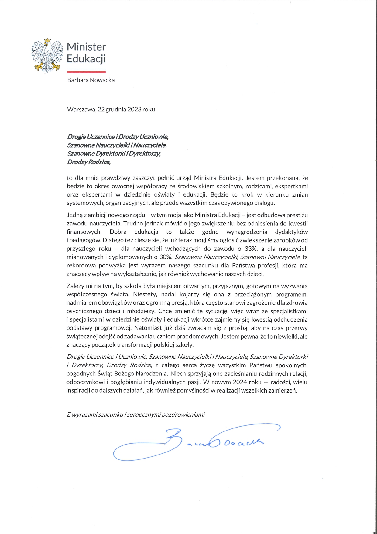List Minister Edukacji Barbary Nowackiej